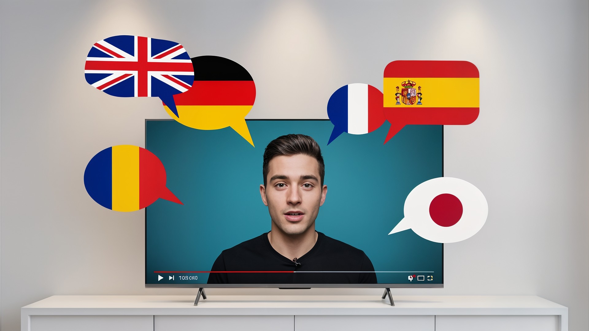Youtube, Kommunikation, Bildschirm, Spracherkennung, YouTuber, Youtube Video, Übersetzung, Flaggen, Linguistik, Sprachenlernen, Sprechblasen, Mehrsprachigkeit, Fremdsprachen, Online-Kurs, Videolernen, Internationalität, Junger Mann, Sprachunterricht