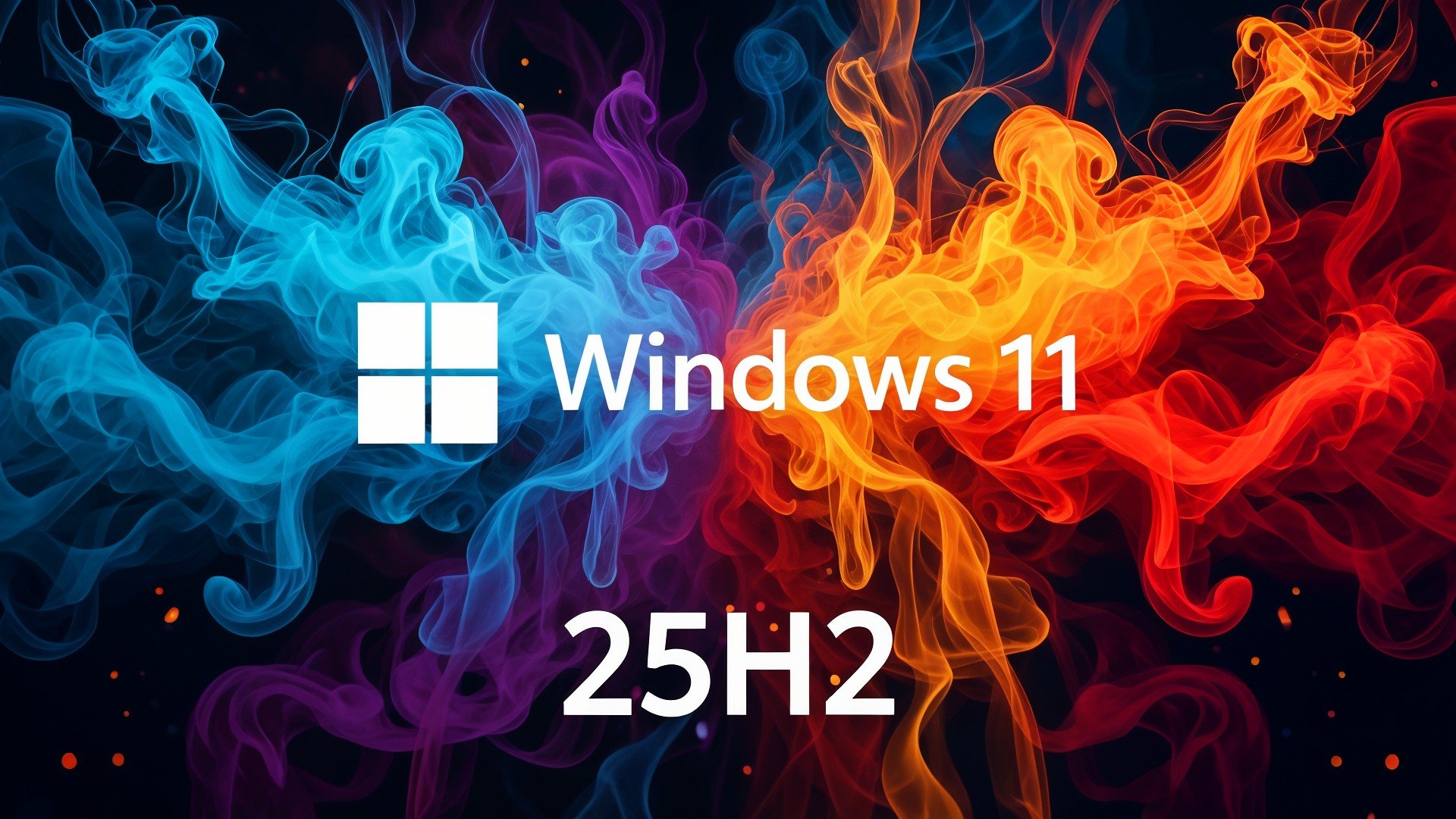 Microsoft, Betriebssystem, Update, Windows 11, Technologie, Upgrade, Windows 11 Update, Software-Update, Windows 11 Updates, 25H2, Rauch, Windows 11 25H2, Computergrafik, Tech-News, Digitale Kunst, Produktankündigung, Visuelle Effekte, Farbkontrast, Feuer und Eis, Blau und Orange