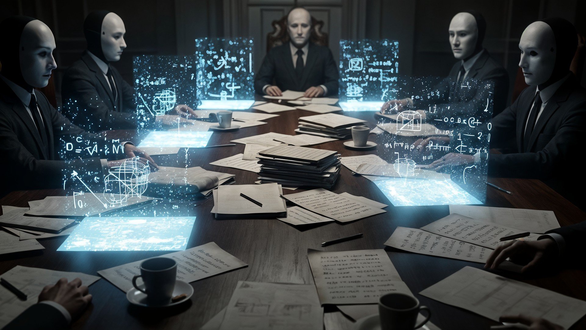 Künstliche Intelligenz, Betrug, Mathematik, Dokumente, Virtuelle Realität, Fälschungen, Mathe, Datenanalyse, Masken, Futuristische Technologie, Anzüge, Zukunftsvisionen, Hologramme, Fake Science, Robotersitzung, Geschäftstreffen, Digitale Präsentation, Sci-Fi-Büro, Konferenztisch, Technologiekonzepte