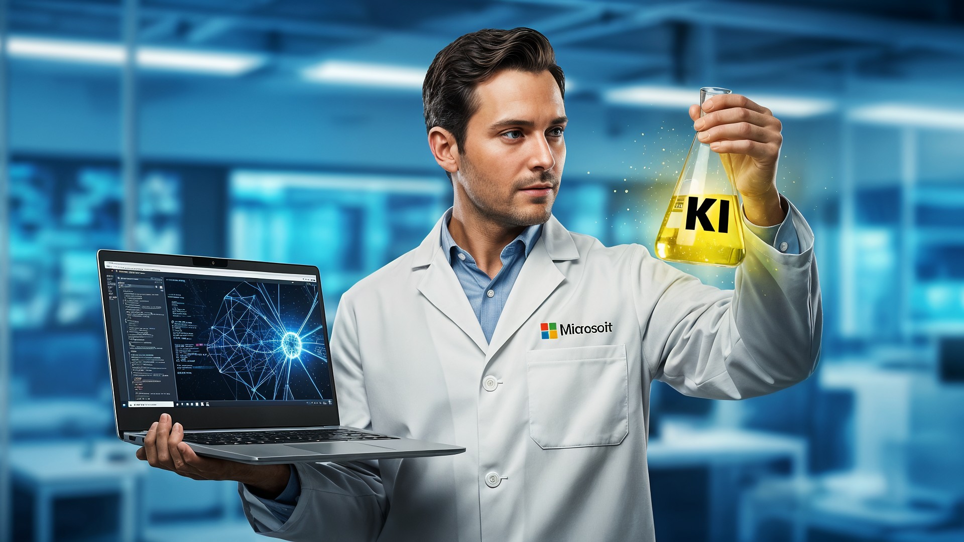 Microsoft, Forschung, Ki, Künstliche Intelligenz, Laptop, Innovation, Zukunftstechnologie, Algorithmus, Wissenschaftler, Technologieunternehmen, Datenanalyse, Visualisierung, Forschung und Entwicklung, neuronales Netzwerk, KI-Forschung, Windows AI Labs, Erlenmeyerkolben, Technologielabor