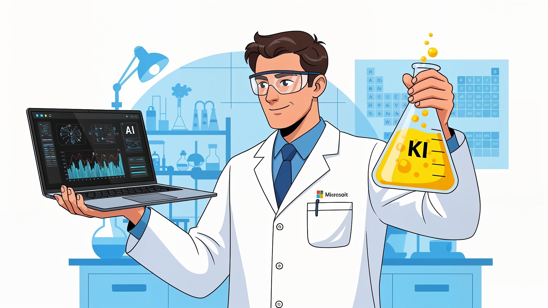 Microsoft, Künstliche Intelligenz, Laptop, Wissenschaft, Technologie, Digitalisierung, Innovation, Wissenschaftler, Zukunftstechnologie, Chemie, Datenanalyse, Forschung und Entwicklung, KI-Forschung, Windows AI Labs, Laboratorium, Erlenmeyerkolben