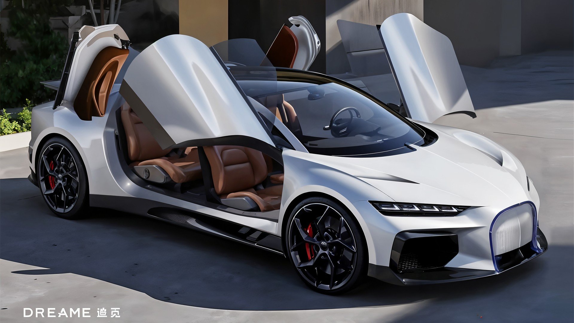 Elektroauto, Dreame, Konzeptfahrzeug, Supersportwagen, Luxusauto, aerodynamisches Design, Flügeltüren, Weißer Sportwagen, Futuristisches Auto, Hightech-Fahrzeug, Exklusives Automobil, Elektrischer Supersportwagen, Innovatives Fahrzeugdesign, Leistungsstarkes E-Auto, Premiumberreich, Buggati