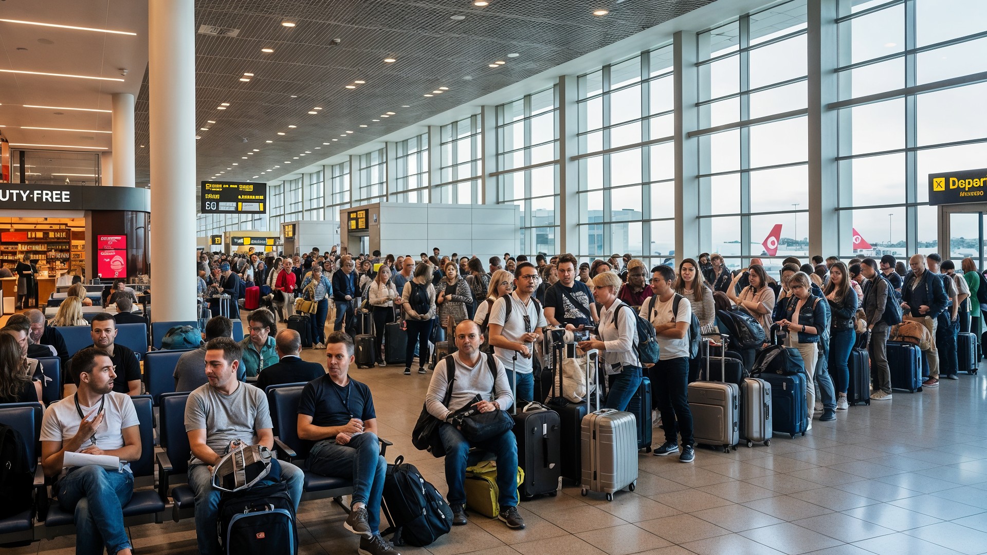 Flughafen, Reisen, Reise, Menschenmenge, Passagiere, Warten, Warteschlange, Gepäck, Gate, flugreise, Reisende, Wartehalle, Abflughalle, Duty-Free-Shop, Flughafen-Terminal, Boardingbereich, Urlaubsstart, Geschäftsreise