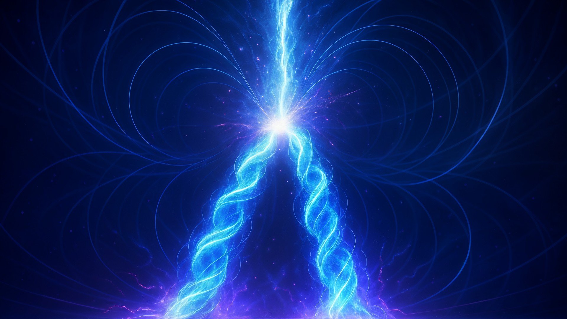 Quantenphysik, Hightech, Futuristisch, Teilchenphysik, Magnetfeld, Digitale Kunst, Wissenschaftsvisualisierung, Lichteffekte, Raumzeit, Elektromagnetismus, Symmetrie, Energiewirbel, Plasmastrom, Blaue Energie, Abstraktes Bild