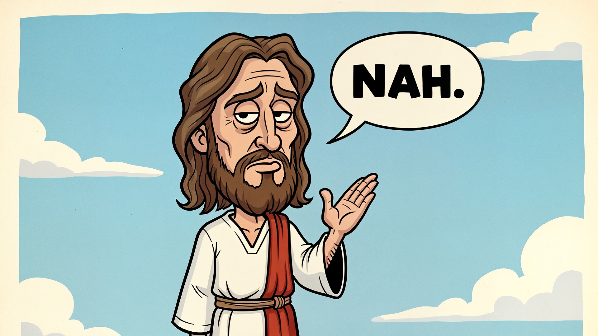 Meme, Himmel, Wolken, Humor, Comic-Stil, Sprechblase, Ablehnung, BART, Jesus, Gestik, Jesus-Cartoon, Nah, religiöse Figur, christliche Darstellung, langes Haar, Tunika, sarkastisch