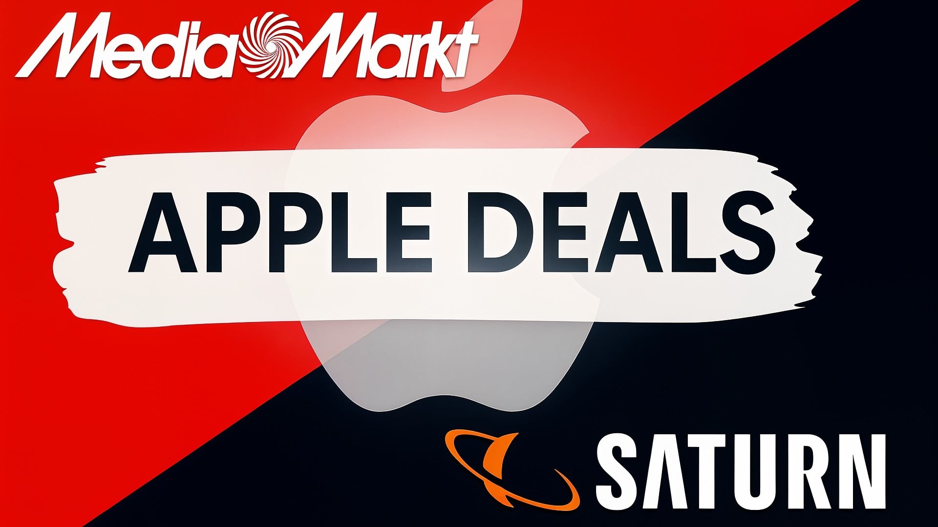 Rabattaktion, sale, Saturn, Angebote, Mediamarkt, Einzelhandel, Apple-Logo, Werbeaktion, Elektronikhandel, Tech-Schnäppchen, Technik-Deals, Rot-Schwarz-Design, Apple Deals, Elektronik-Angebote, Apple-Produkte, Markenlogos, Verkaufskampagne