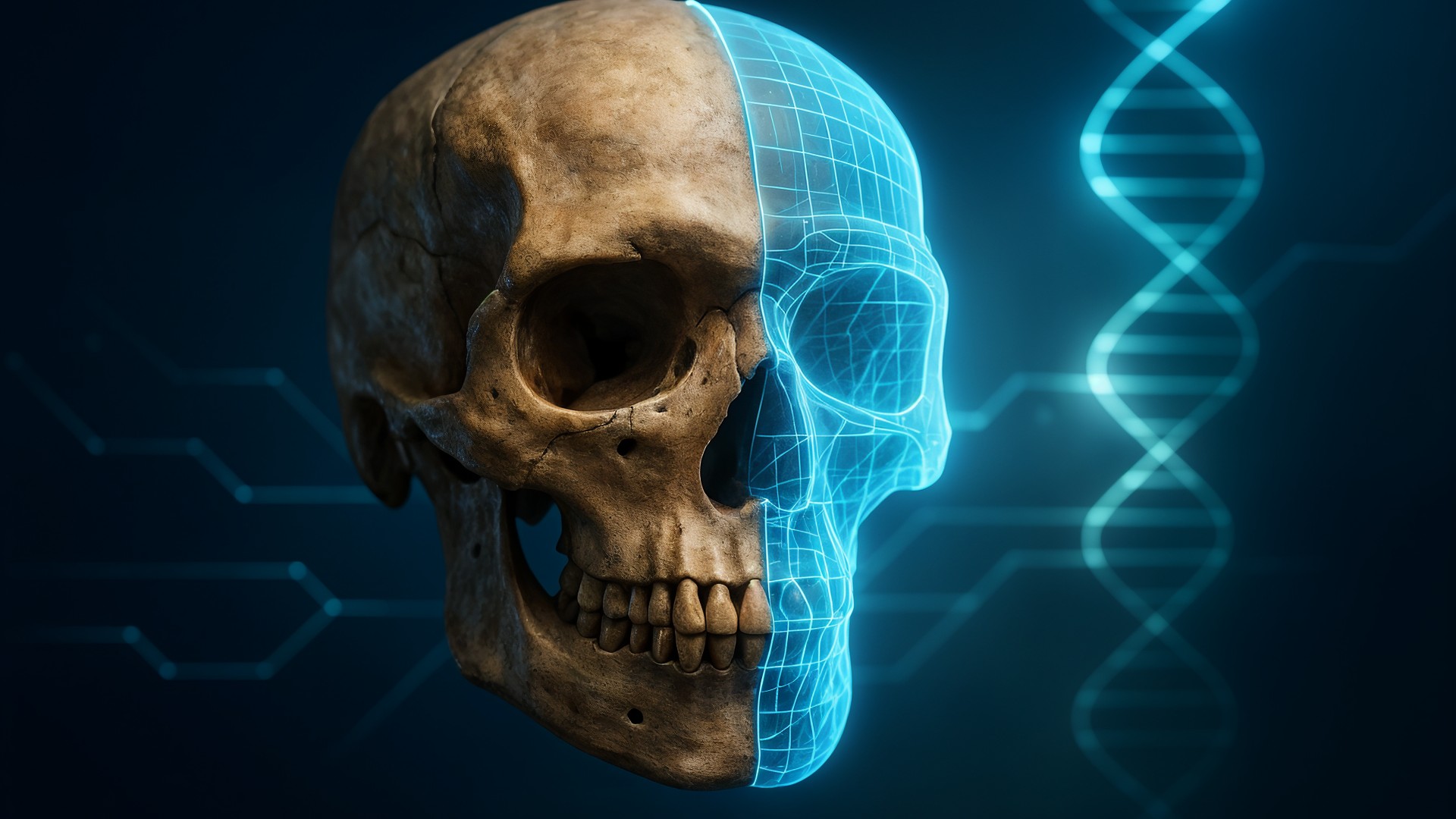 Digitalisierung, Zukunftstechnologie, Genetik, Dna, Hologramm, Medizintechnik, Biotechnologie, Wissenschaftsvisualisierung, Archäologie, Forensik, Anatomie, Schädel, Anthropologie, 3D-Modellierung, Evolutionsforschung