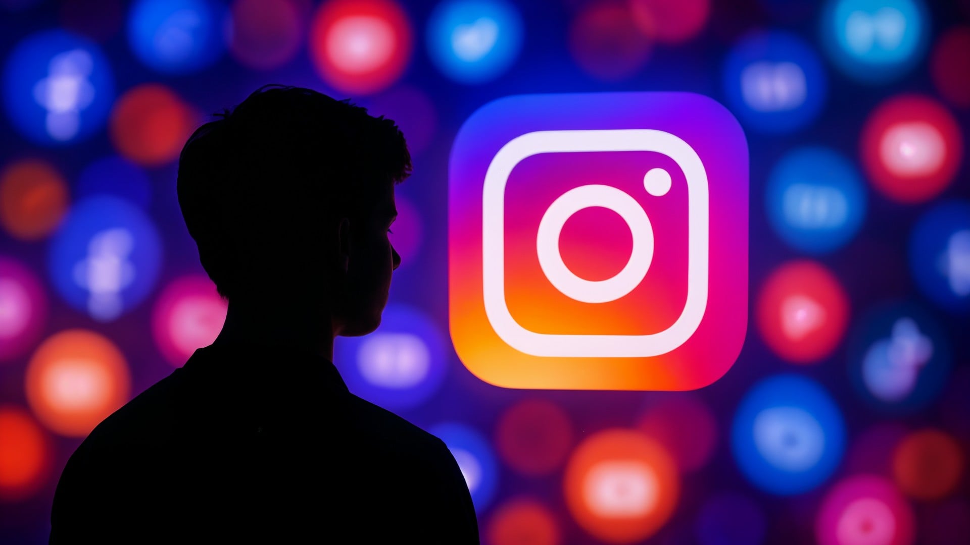 Smartphone, soziales Netzwerk, Technologie, Social Media, Instagram, Vernetzung, Jugendschutz, Visualisierung, Markenlogo, App-Icon, Benutzer, Bokeh-Effekt, Silhouette, Digitale Plattform, Farbiger Hintergrund, Onlinepräsenz