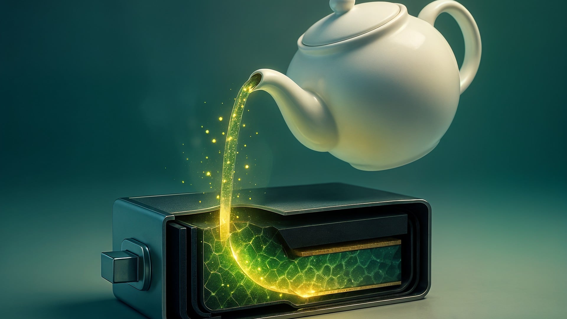 Elektromobilität, Erneuerbare Energien, Energieeffizienz, nachhaltigkeit, Umweltfreundlich, Futuristisch, Energiespeicher, Wissenschaftliche Illustration, Grüne Technologie, Batterie-Innovation, Teekanne, Flüssige Energie, Konzeptbild, Technologie-Metapher, Kreative Visualisierung