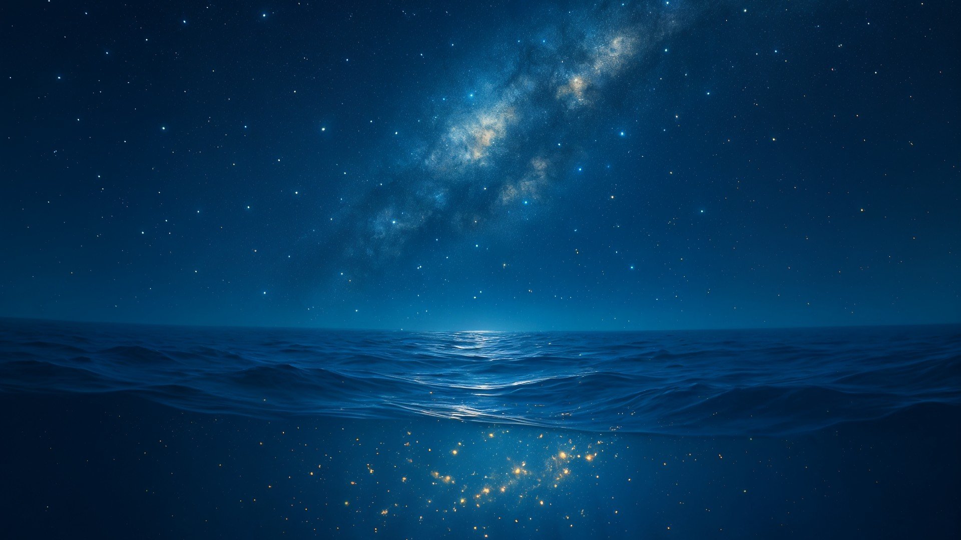 Astronomie, Sterne, Galaxie, Milchstraße, Sternenhimmel, Nachthimmel, Ozean, Meer, Biolumineszenz, Naturphänomen, Nachtfotografie, Tiefblau, Meeresreflexion, Kosmische Landschaft, Meeresleuchten