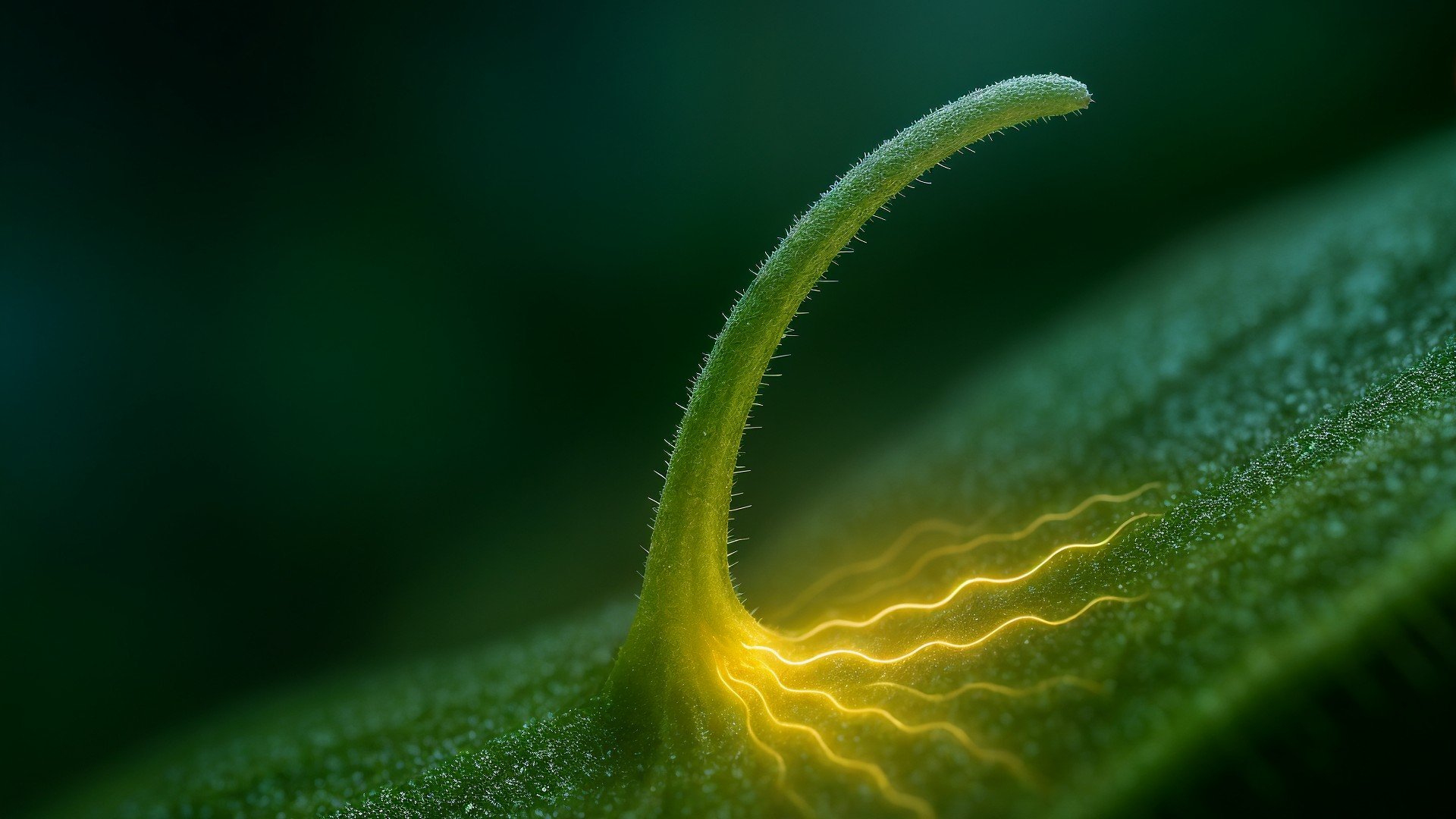 Biolumineszenz, Mikroskopie, Makrofotografie, Detailaufnahme, Naturwissenschaft, Botanik, Pflanzenbiologie, Pflanzenhaar, Trichom, Blattoberflaeche, Naturwunder, Pflanzenmorphologie, Leuchteffekt, Gruentoene, Naturphaenomen