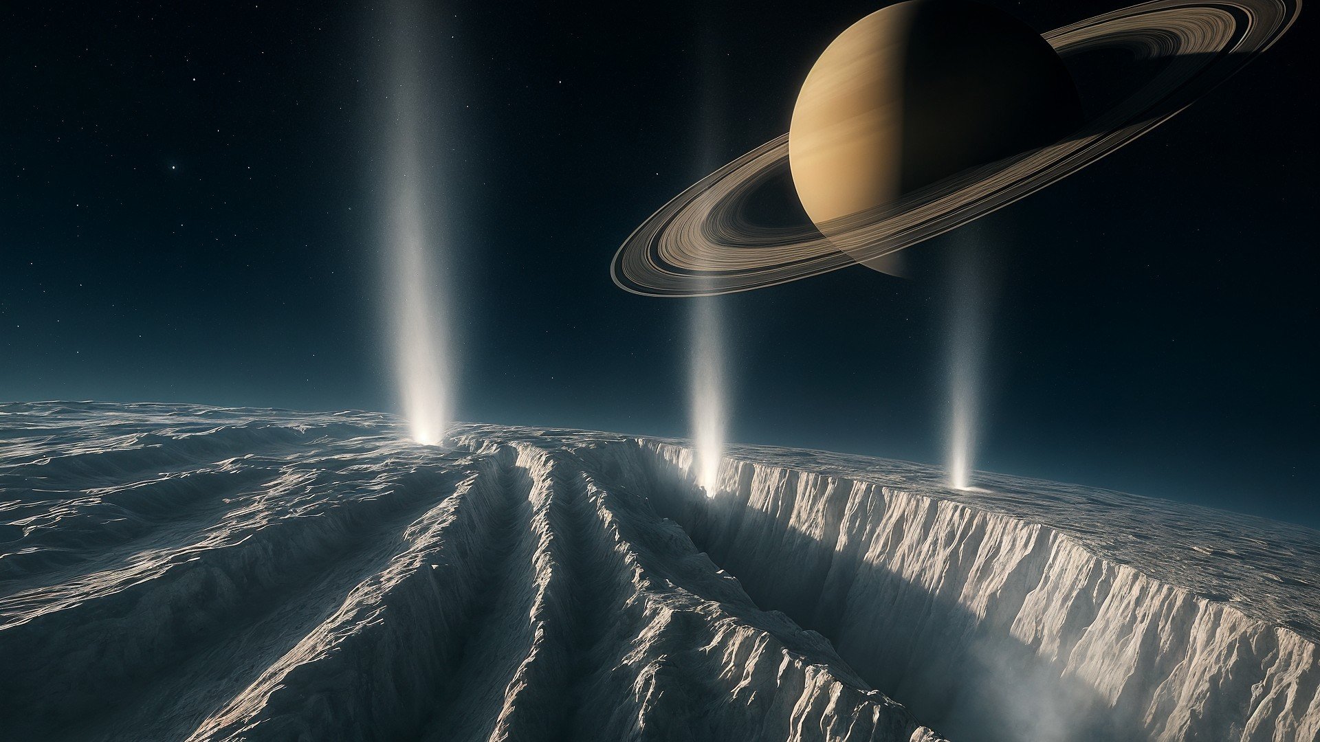 Saturn, Astronomie, Sonnensystem, Weltraumforschung, Raumsonde, Exoplaneten, außerirdisches Leben, Enceladus, Geysire, Eismonde, Eisfontänen, Planetenringe, Eiswüste, Kryovulkanismus, Tiefenozean