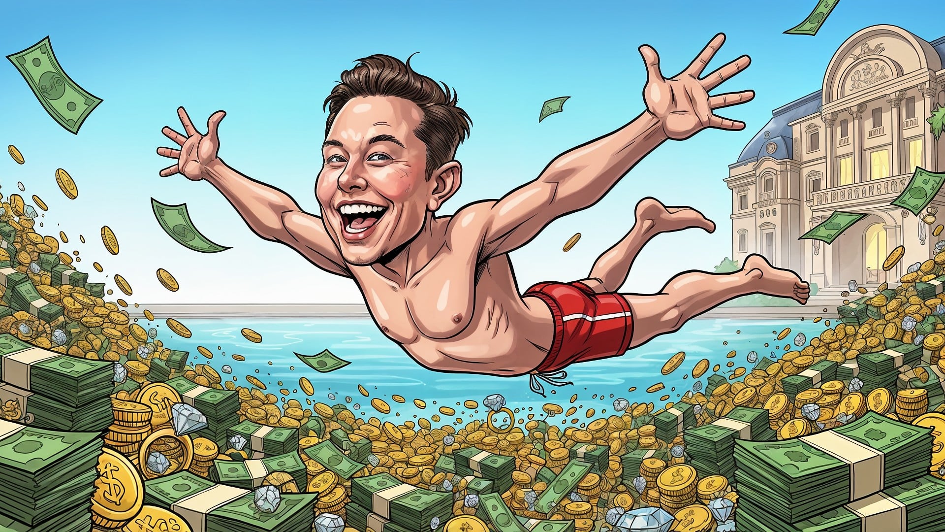 Elon Musk, Geld, Musk, Luxus, Karikatur, Münzen, Vermögen, Reichtum, Dollarnoten, Dagobert Duck, Tesla-CEO, Millionär, Wohlstand, Geldpool, Swimmingpool
