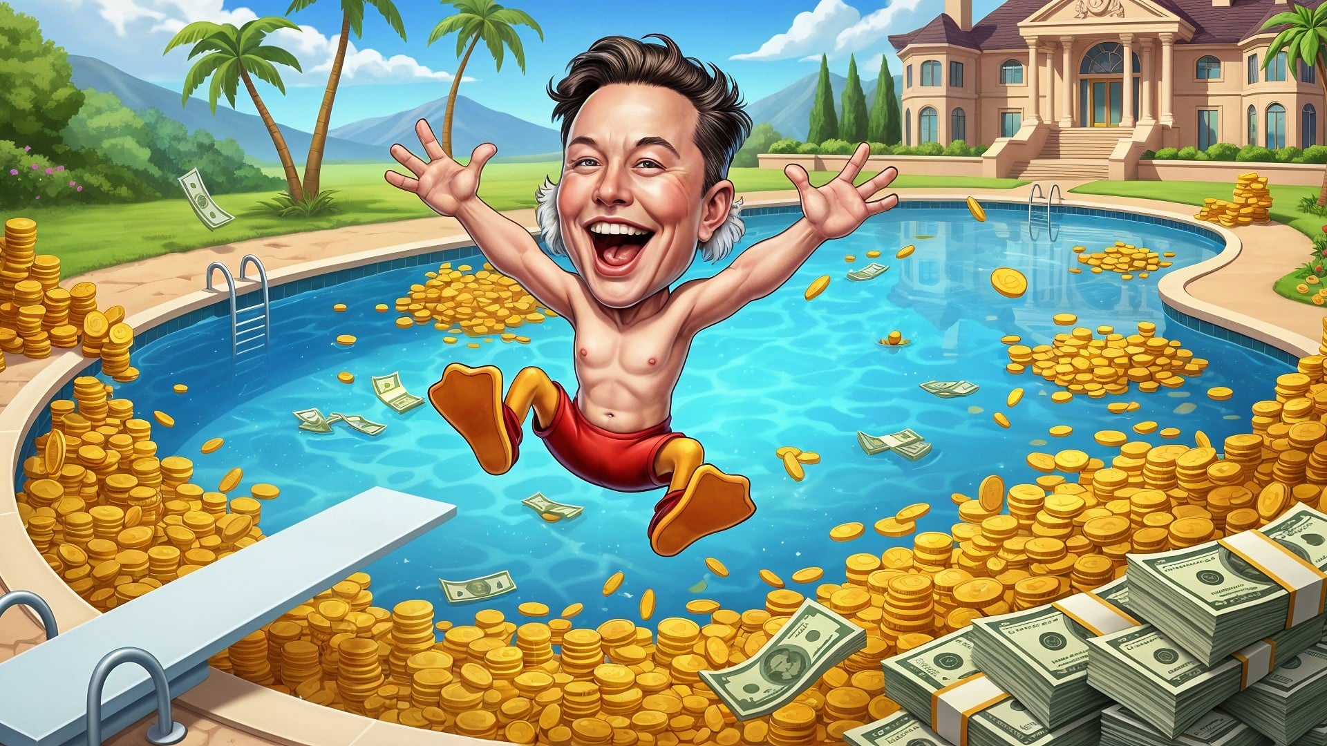 Elon Musk, Geld, Musk, Luxus, Karikatur, Münzen, Vermögen, Reichtum, Dollarnoten, Dagobert Duck, Palmen, Tesla-CEO, Millionär, Wohlstand, Geldpool, Swimmingpool, Luxusvilla, Extravaganz, Überfluss, Lebensfreude