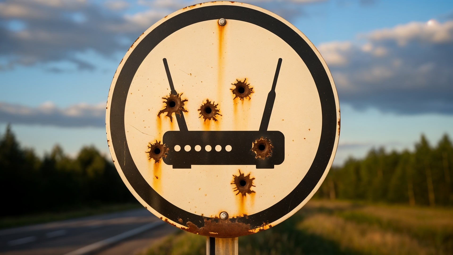 Datenschutz, Hackerangriff, wlan-router, Cybersicherheit, Vandalismus, Verkehrsschild, Internetsicherheit, Warnschild, Einschusslöcher, Netzwerkschwachstelle, Netzwerkbedrohung, Straßenrand, Schießübung, Kugellöcher, Ländliche Gegend