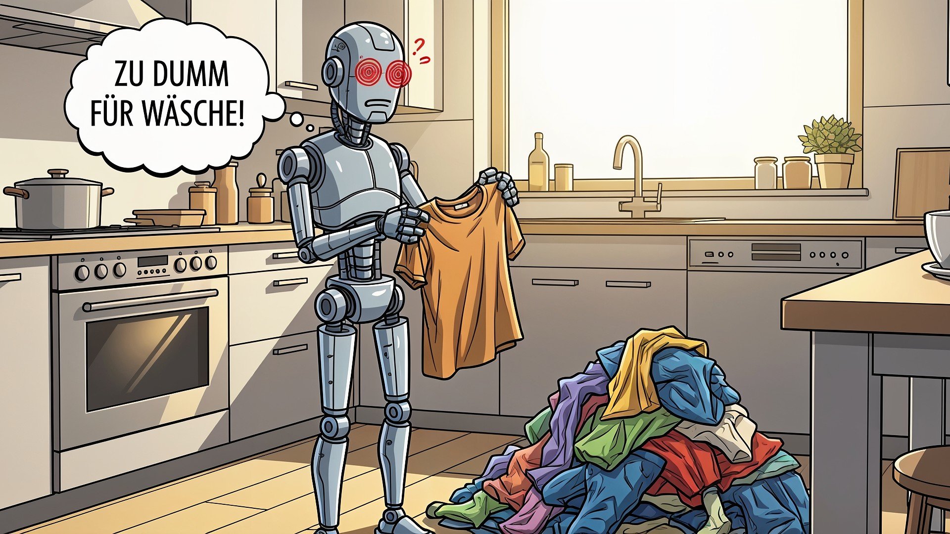 Künstliche Intelligenz, Roboter, Haushaltsgeräte, Zukunftstechnologie, Cartoon, Küche, Humor, Kleidung, Sprechblase, Wäsche, Überforderung, Haushaltsroboter, Haushaltshilfe, Technologieversagen, Alltagssituation