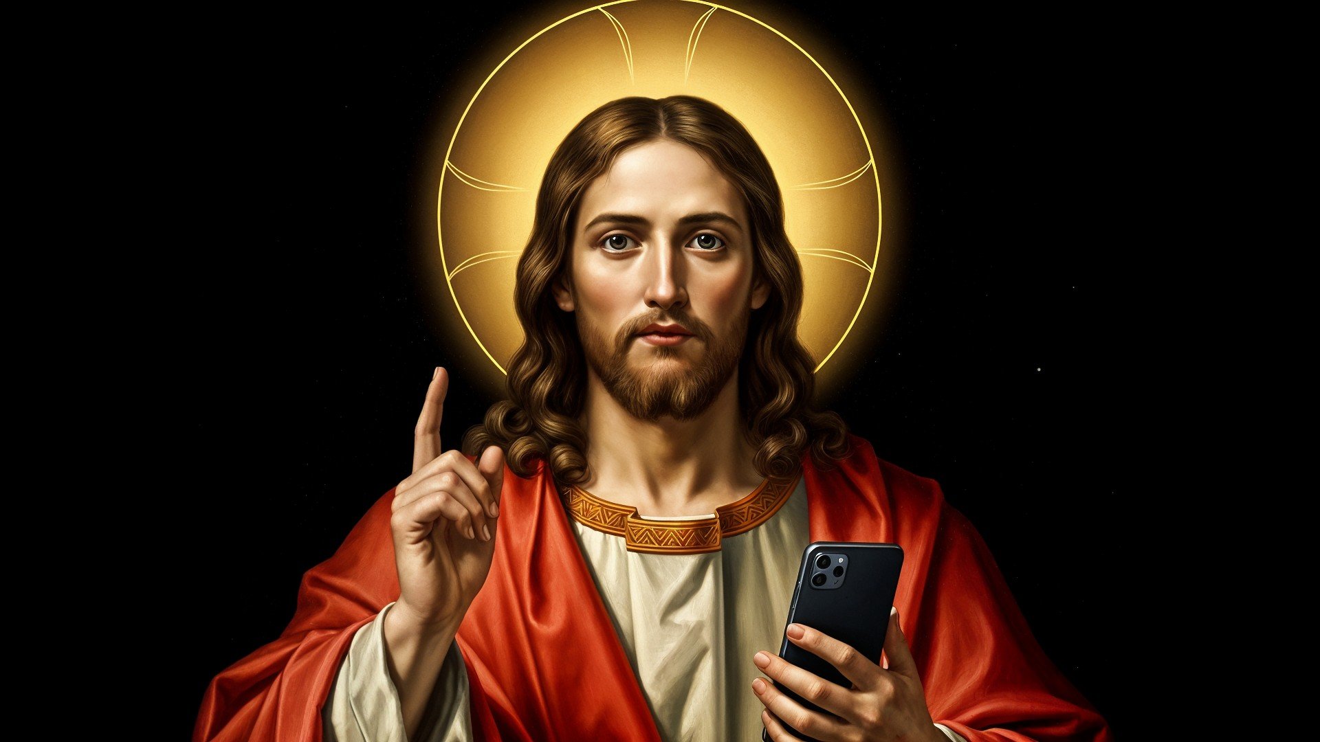 Iphone, Digitalisierung, Kontroverse, Jesus, Symbolik, Christentum, Moderne Interpretation, Jesus mit Smartphone, religiöse Kunst, Heiligenschein, Segen, Technologie und Religion, KI-generierte Kunst, Tradition trifft Moderne, Glaube in der digitalen Ära, Ikonografie