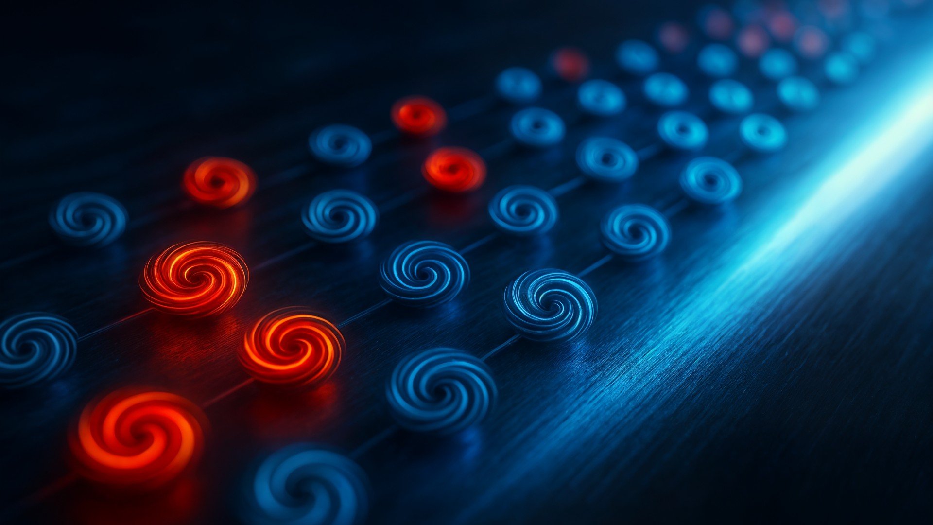 Quantencomputer, Quantenphysik, Futuristisch, 3D-Rendering, Computergrafik, Quantentechnologie, Digitale Kunst, Abstrakt, Neonlicht, Quantenverschränkung, Qubits, Technologie-Innovation, Spiralen, Blau-Rot-Kontrast, Quantenbits
