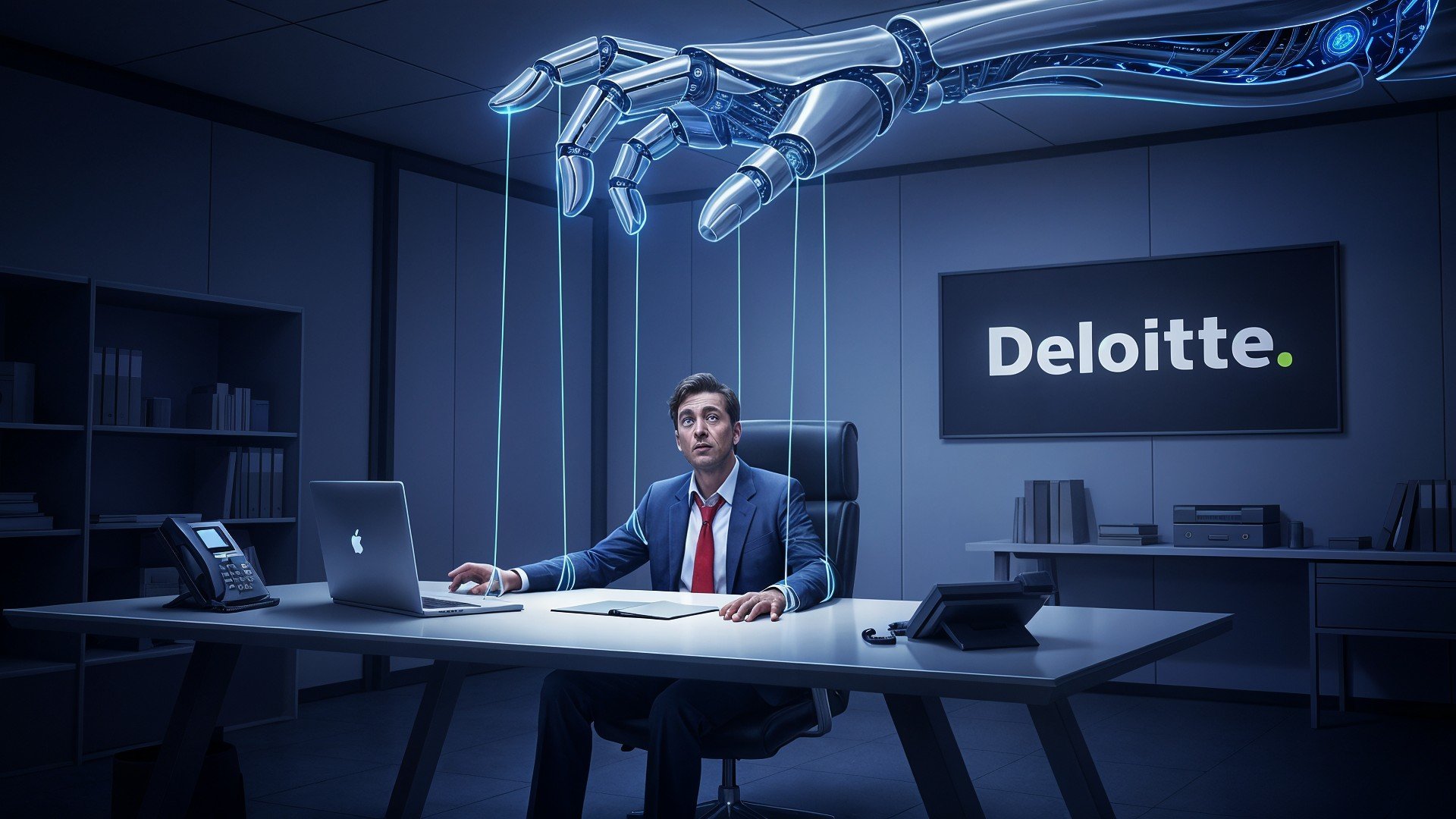 Ki, Künstliche Intelligenz, Laptop, AI, Artificial Intelligence, Technologie, Digitalisierung, Büro, Cybersicherheit, Automatisierung, Manipulation, Kontrolle, Ethik, Geschäftsmann, Roboterhand, Zukunft der Arbeit, Deloitte, Disruption