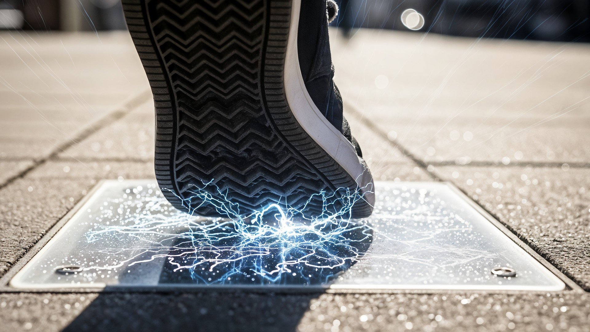 erneuerbare energie, Energieerzeugung, Kinetische Energie, Nachhaltige Energiequelle, Fußboden-Technologie, Innovative Energiegewinnung, Elektrizität durch Bewegung, Energieeffiziente Technologie, Fußabdruck-Energie, Bewegungsenergie-Umwandlung, Smart City Technologie, Urbane Energielösungen, Trittkraft-Nutzung, Bodenintegrierte Stromgewinnung, Energy Harversting