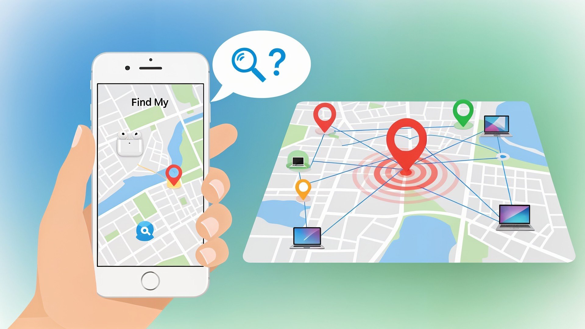 Smartphone, Apple, Technologie, Navigationssystem, Suchfunktion, Ortungsdienste, Mobilgeräte, Find My, Find my device, Standortbestimmung, Find My Phone, Geolokalisierung, Netzwerkverbindung, Kartendarstellung, GPS-Tracking, Digitale Karten, Geräteortung, Geräteverfolgung
