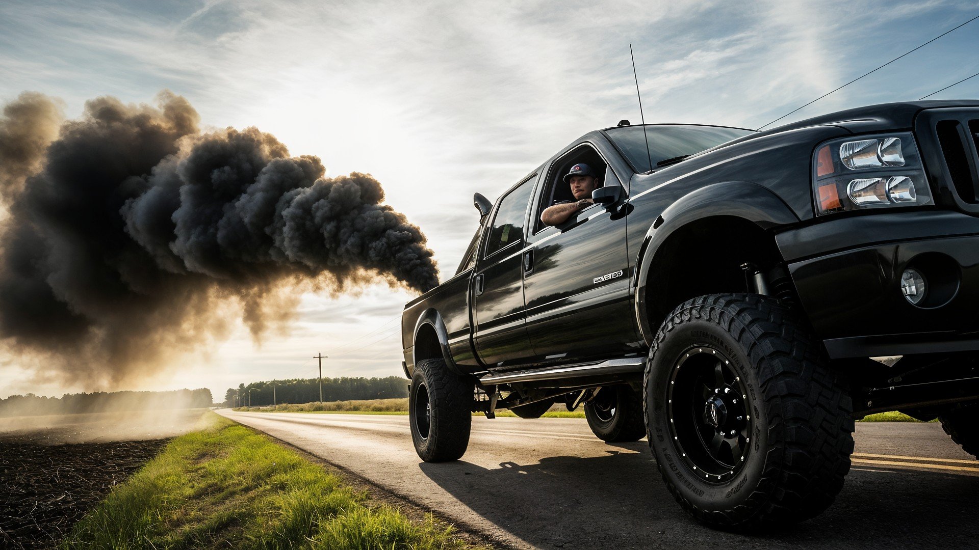 Tuning, Umweltverschmutzung, Offroad, Landstraße, Pickup-Truck, Dieselfahrzeug, Rauchausstoß, Schwarzer Rauch, Hochleistungsmotor, Modifiziertes Fahrzeug