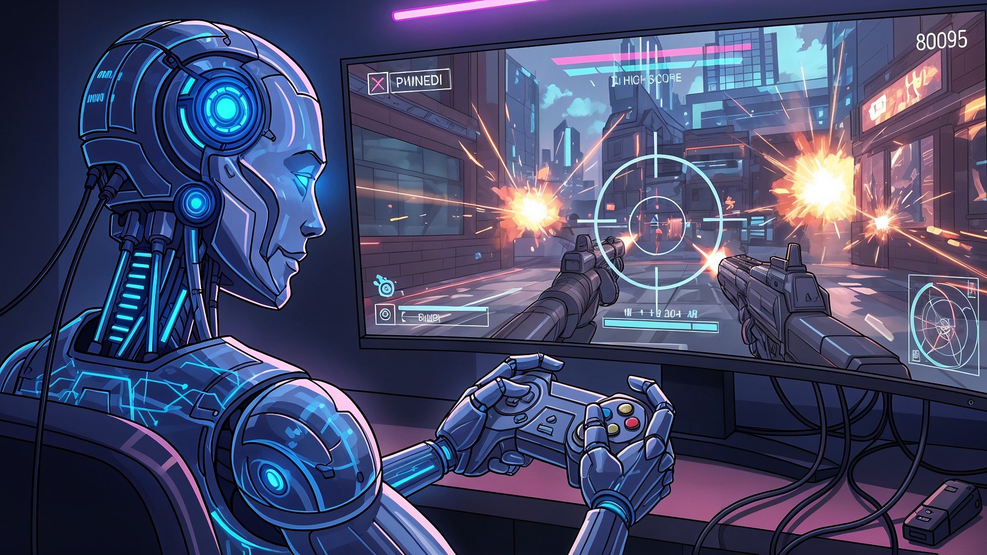 Künstliche Intelligenz, Ego-Shooter, actionspiel, Videospiel, Zukunftstechnologie, Cyberpunk, Virtuelle Realität, Mensch-Maschine-Interaktion, Neonbeleuchtung, Computersimulation, Sci-Fi-Ästhetik, Robotersteuerung, KI-Gaming, Roboter-Spieler, Futuristische Stadtlandschaft