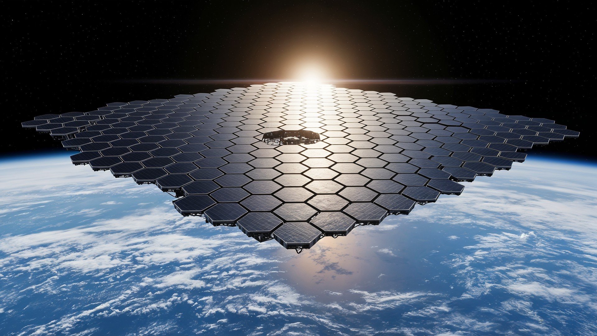 Wissenschaft, Weltraum, Raumfahrt, Erde, Innovation, Datenzentrum, Zukunftstechnologie, Solarenergie, Raumstation, Sternenhimmel, Atmosphäre, Energiegewinnung, Sonnenlicht, Erdumlaufbahn, Weltraumtechnik, Weltraumsolaranlage, Hexagonale Solarpanels