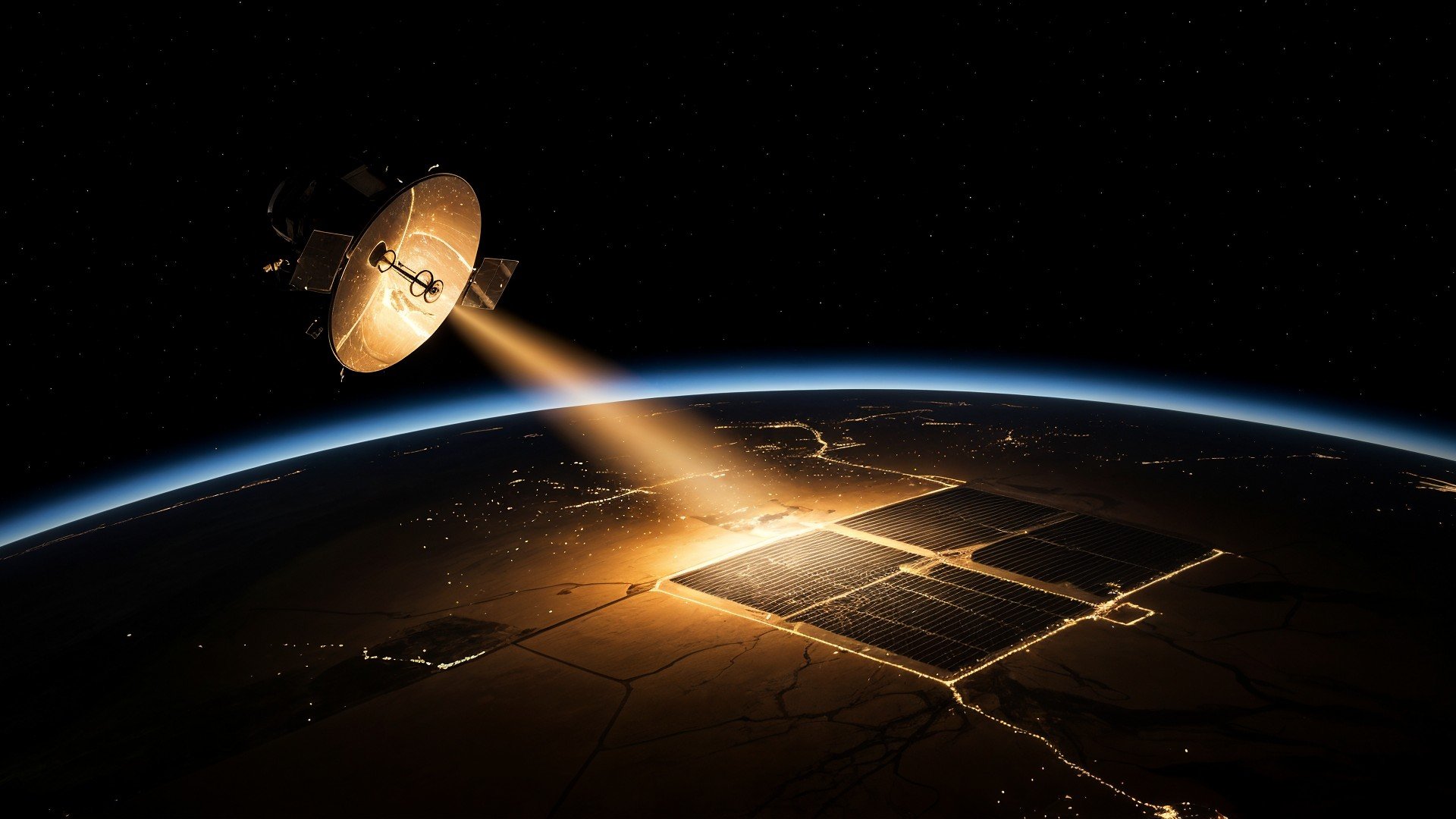 Weltraum, Raumfahrt, Kommunikation, Technologie, Stromversorgung, Satellit, Erde, Sternenhimmel, Nachthimmel, Atmosphäre, Solaranlage, Energiegewinnung, Sonnenlicht, Erdumlaufbahn, Funkübertragung