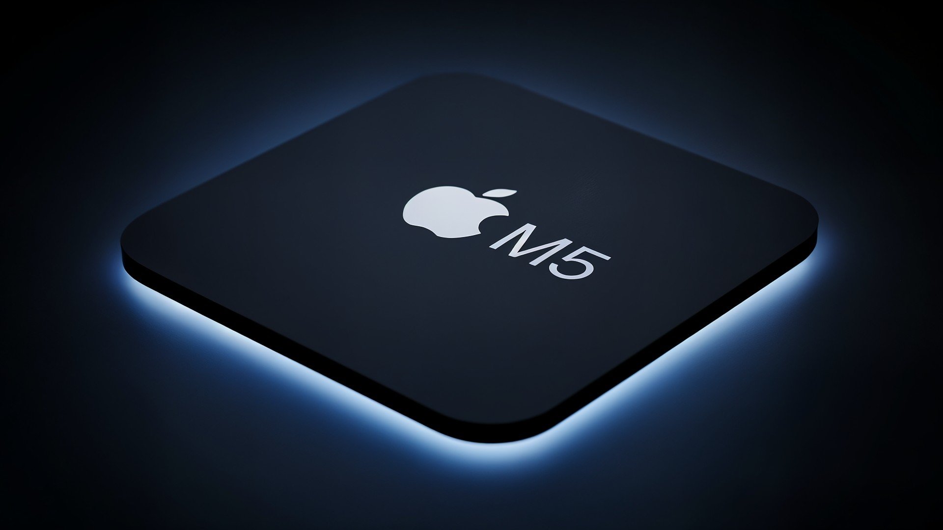 Apple, Cpu, Prozessor, Chip, Prozessoren, Technologie, Leistung, Halbleiter, Innovation, Apple Chip, Apple Silicon, dunkel, Produktdesign, Markenlogo, Blauer Hintergrund, Glühen, Apple M5, Computerarchitektur, M5, quadratisch