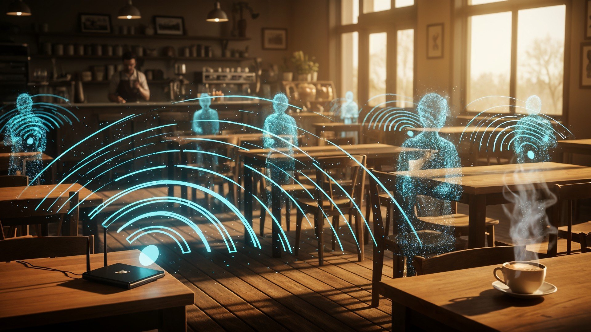 Smartphone, überwachung, Augmented Reality, Digitalisierung, Zukunftstechnologie, IoT, Hologramm, Identifizierung, Café, smart devices, Kaffeetasse, Drahtlose Kommunikation, Digitale Vernetzung, WLAN-Netzwerk, Kaffeehaus, Technologie im Alltag, Moderne Kommunikation