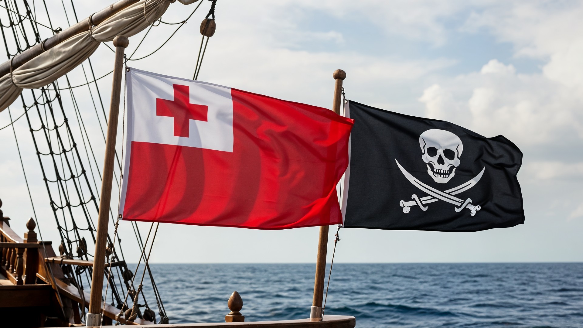 Urheberrecht, Filesharing, Piraterie, Copyright, Piracy, Softwarepiraterie, Totenkopf, Pirat, Piratenflagge, Totenkopfflagge, Karibik, Tonga, Fahnenmast, Jolly Roger, Freibeuter