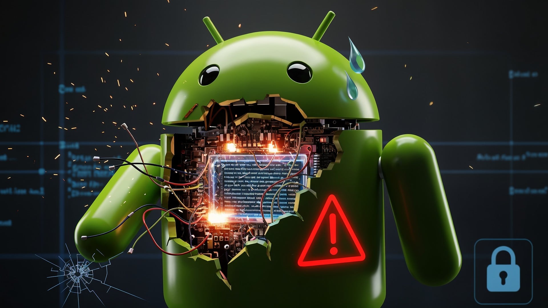 Android, Sicherheitslücke, Datenschutz, Malware, Schadsoftware, Hackerangriff, Cybersicherheit, Bugdroid, Android-Maskottchen, Computercode, Systemfehler, Warnzeichen, Smartphone-Bedrohung, Mobilgerät-Sicherheit, Technologie-Risiko