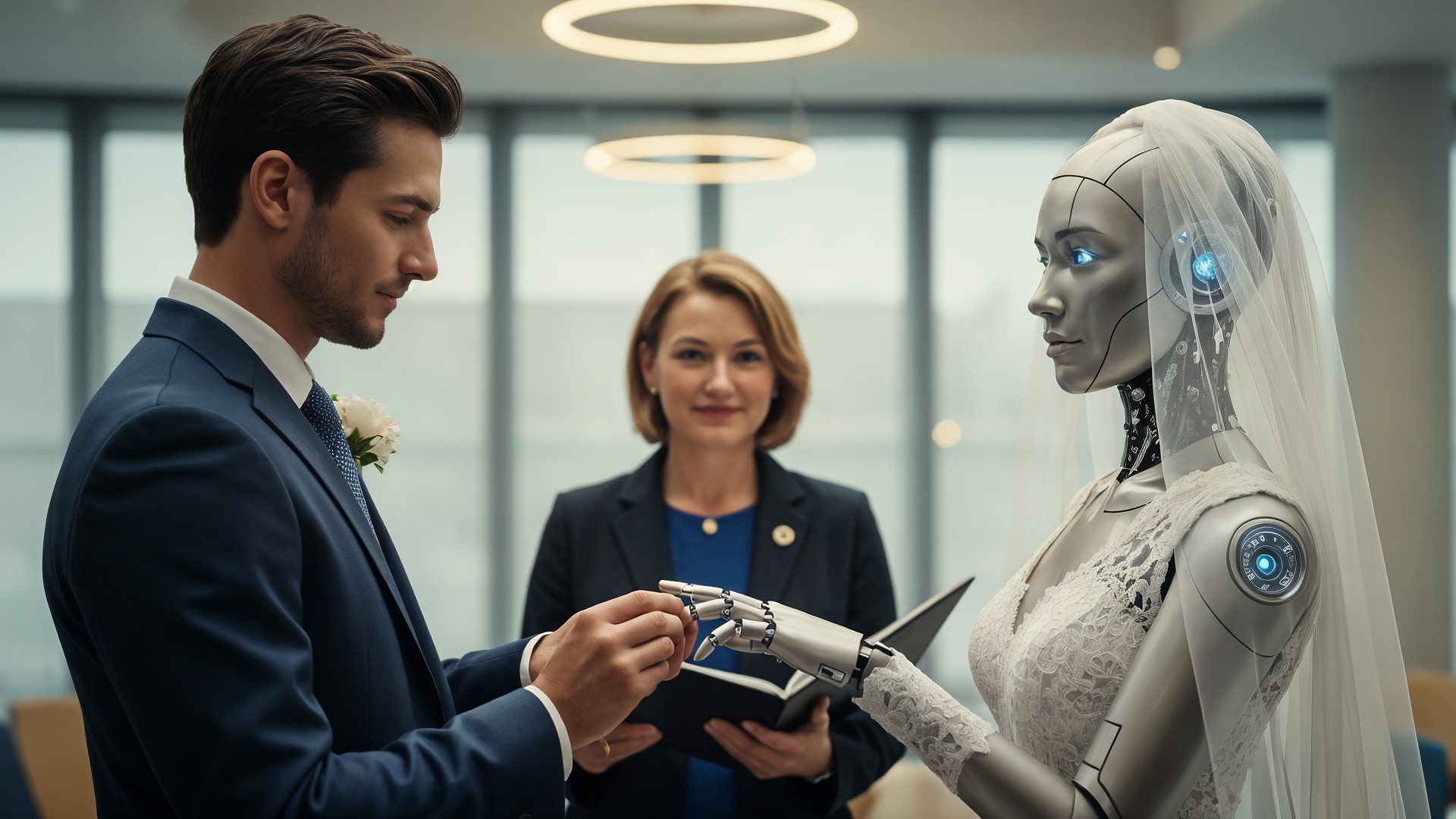 Ki, Künstliche Intelligenz, AI, Artificial Intelligence, Roboter, Zukunftstechnologie, Futurismus, humanoider Roboter, Transhumanismus, Androide, Roboterhochzeit, KI-Ehe, Mensch-Roboter-Beziehung, Technologische Singularität, Science-Fiction-Realität, Trauungszeremonie, heiraten