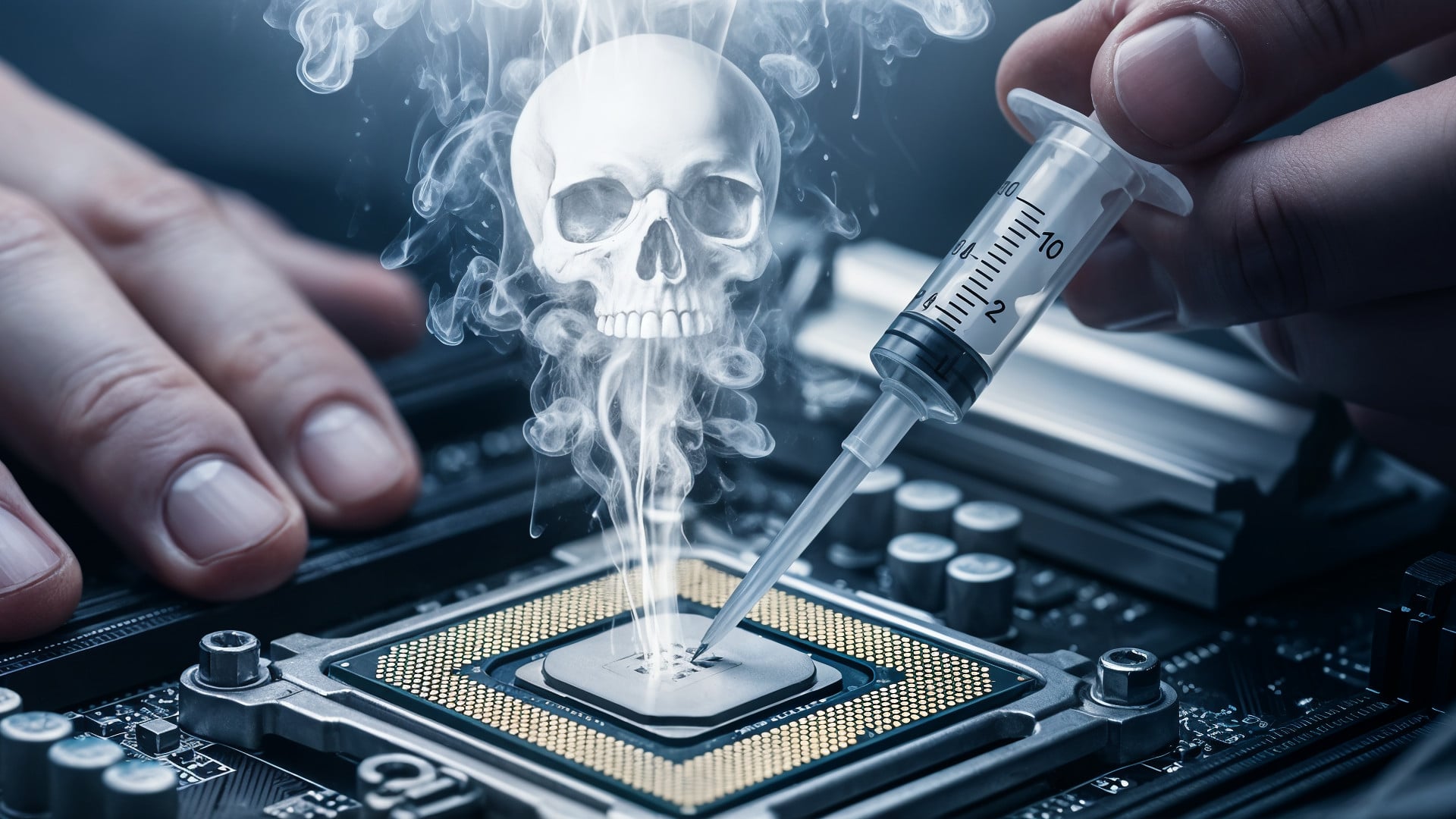 Cpu, Prozessor, Rauch, Totenkopf, Dampf, Spritze, Thermalpaste, Totenschädel