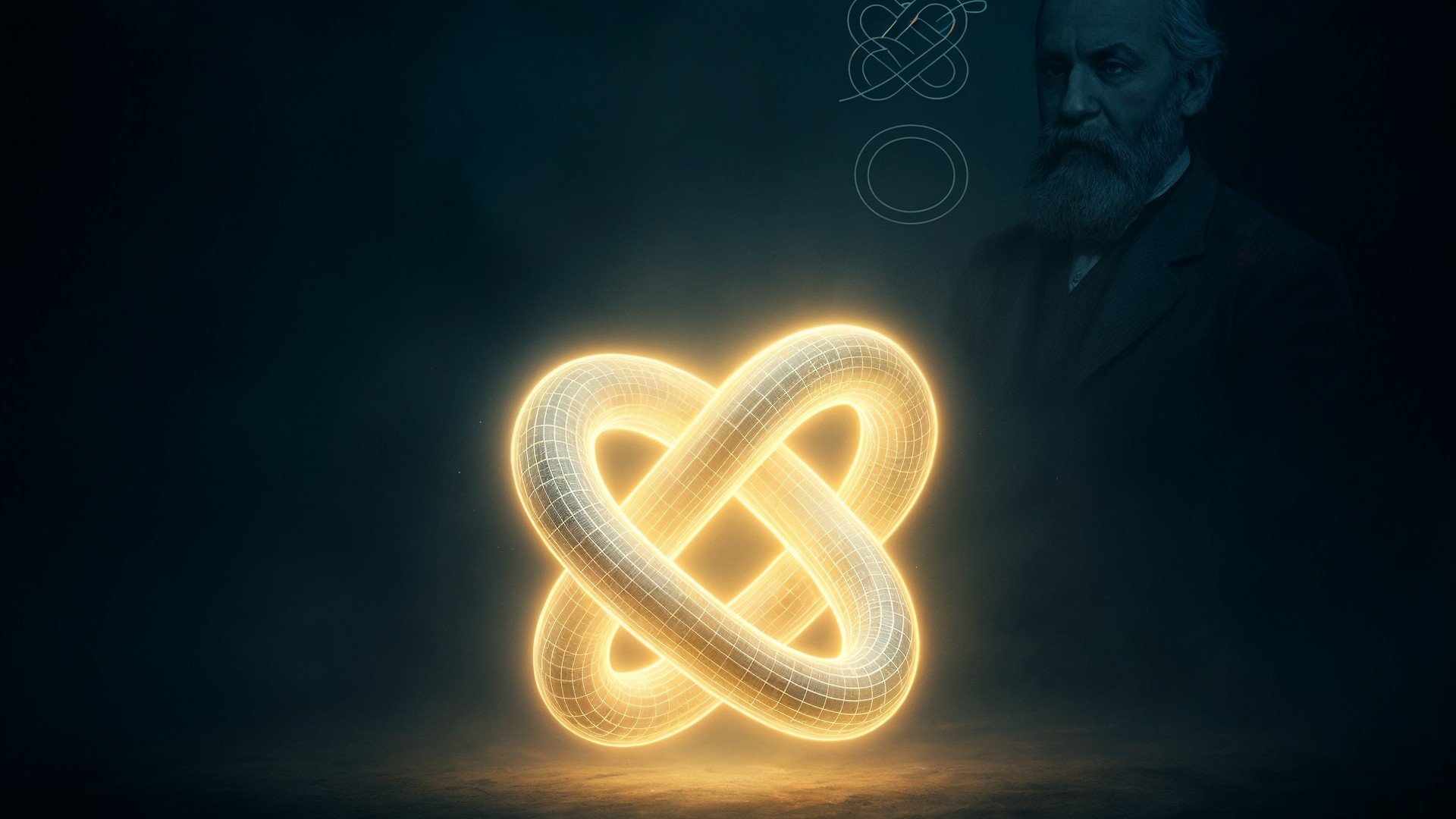 Innovation, Zukunftstechnologie, Quantenphysik, Hologramm, 3D-Modell, Quantenverschränkung, Wissenschaftliche Visualisierung, Theoretische Physik, Dunkler Hintergrund, Lord Kelvin, Glühendes Objekt, Mathematisches Konzept, Historische Figur, Leuchtende Form, Komplexe Geometrie, Wissenschaftlicher Durchbruch