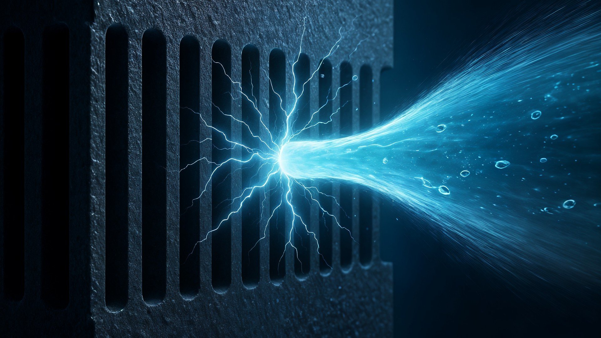 Technologie, Physik, Silizium, Elektrizität, Blitze, Wissenschaftsillustration, Stromkreis, düstere Atmosphäre, Hochspannung, Energieentladung, Lichteffekt, Lichtbogen, Funkenentladung, Plasmaeffekt