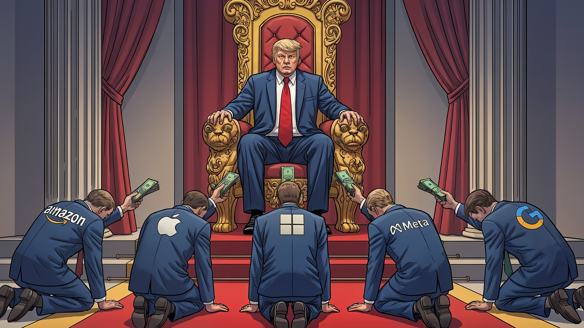 Apple, Google, Amazon, Facebook, Donald Trump, Meta, Geld, US-Präsident, Bestechung, Technologiekonzerne, Tech-Konzerne, Thron, Vetternwirtschaft