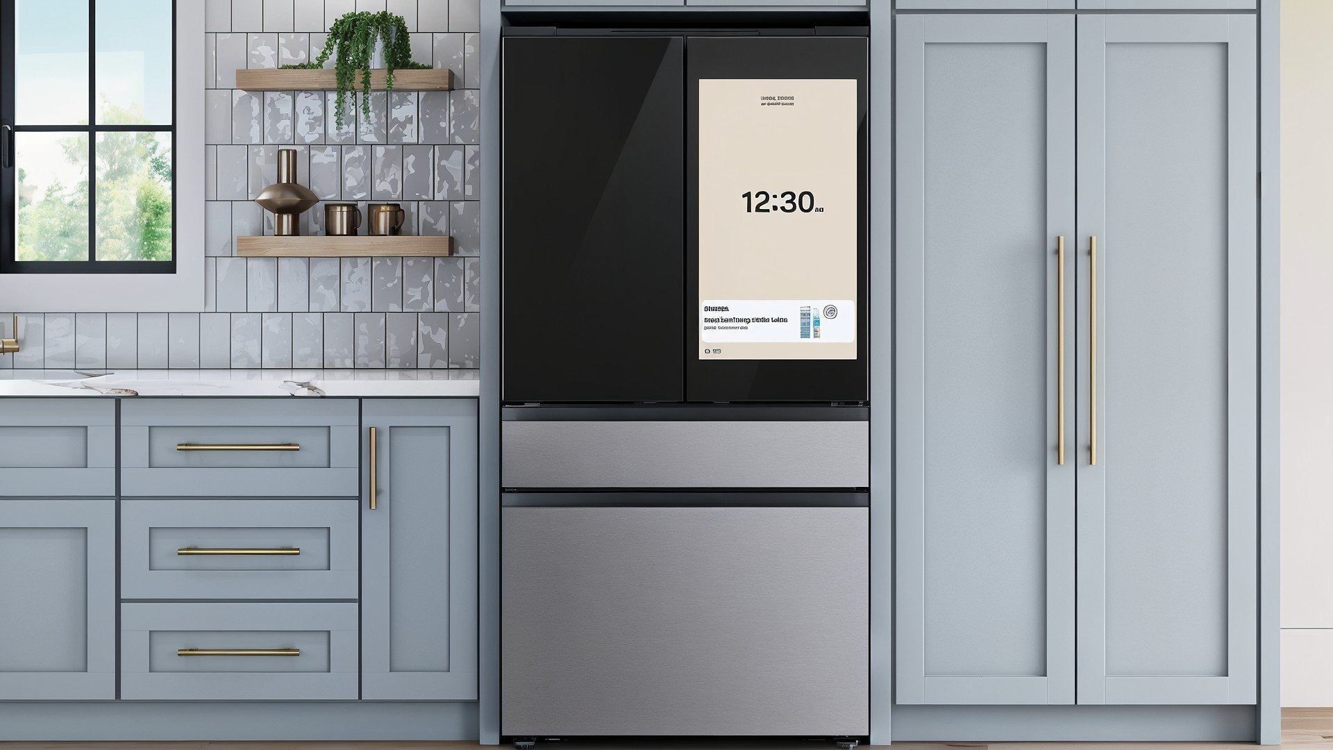Samsung, Smart Home, Technologie, Haushaltsgeräte, Smart Fridge, Küchendesign, Intelligente Geräte, Smart-Kühlschrank, digitaler Bildschirm, moderne Küche, Kücheneinrichtung, Edelstahl-Kühlschrank, Innenarchitektur, Zeitanzeige, Fliesenspiegel