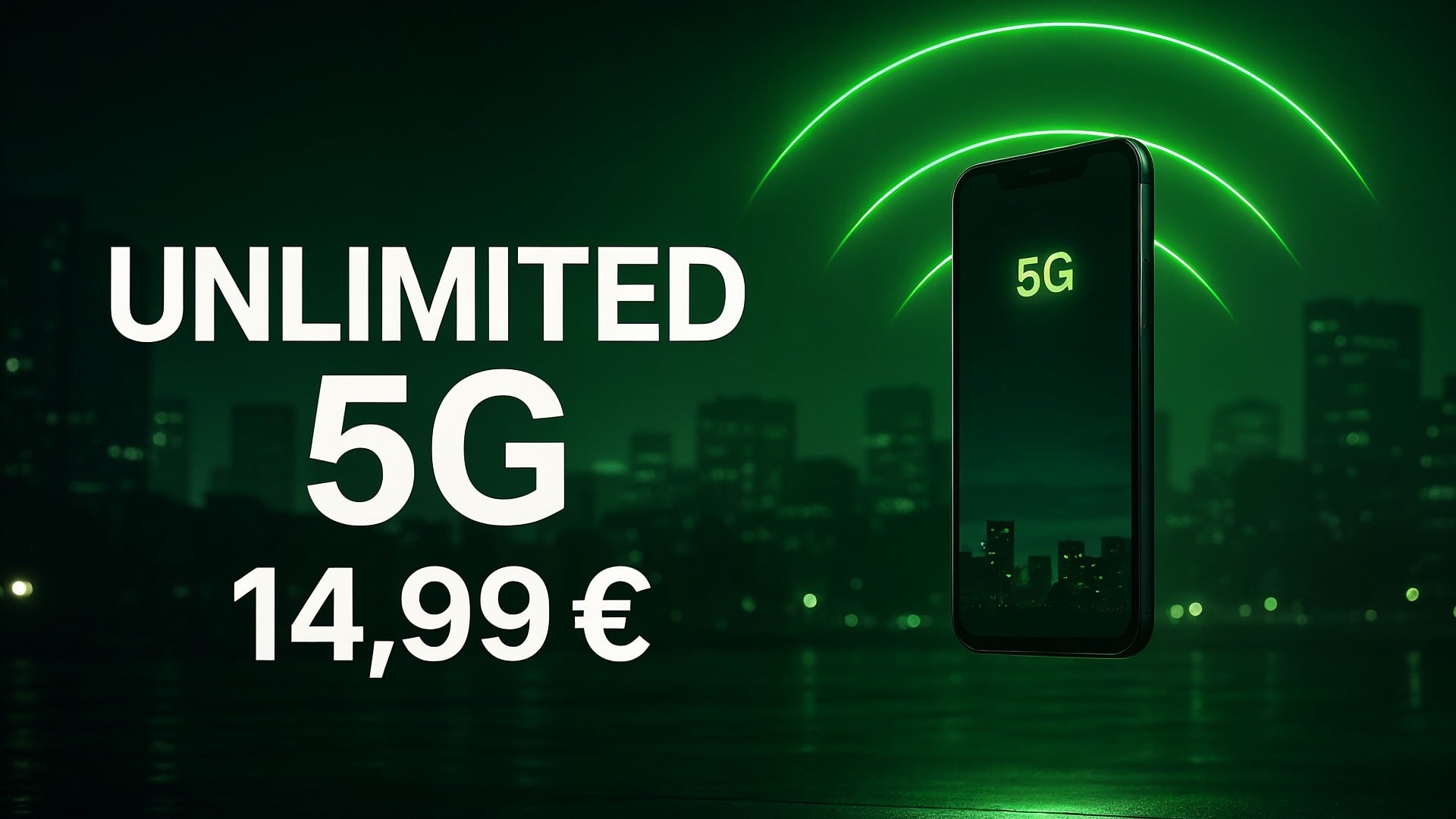 Smartphone, Mobilfunk, 5G, Datenvolumen, Digitalisierung, Telekommunikation, Mobilfunkanbieter, Freenet, Mobilfunktarif, Netzabdeckung, grüne Beleuchtung, Nachtaufnahme, Highspeed-Internet, Unlimited-Tarif, Funksignal, Stadtskyline, Werbebild