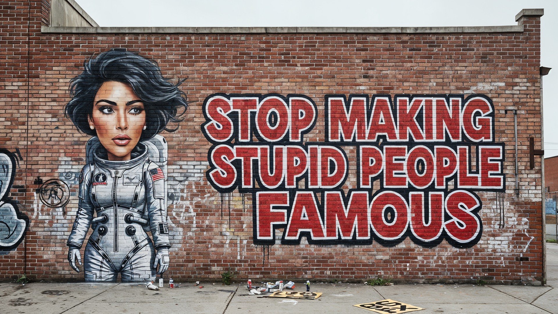 Raumanzug, Graffiti, Slogan, Gesellschaftskritik, Kim Kardashian, Popkultur, Astronautin, Prominenz, Straßenkunst, Ziegelwand, urbane Kunst, Sozialkritik, Wandmalerei, Berühmtheit, Medienkultur, Spraydosen