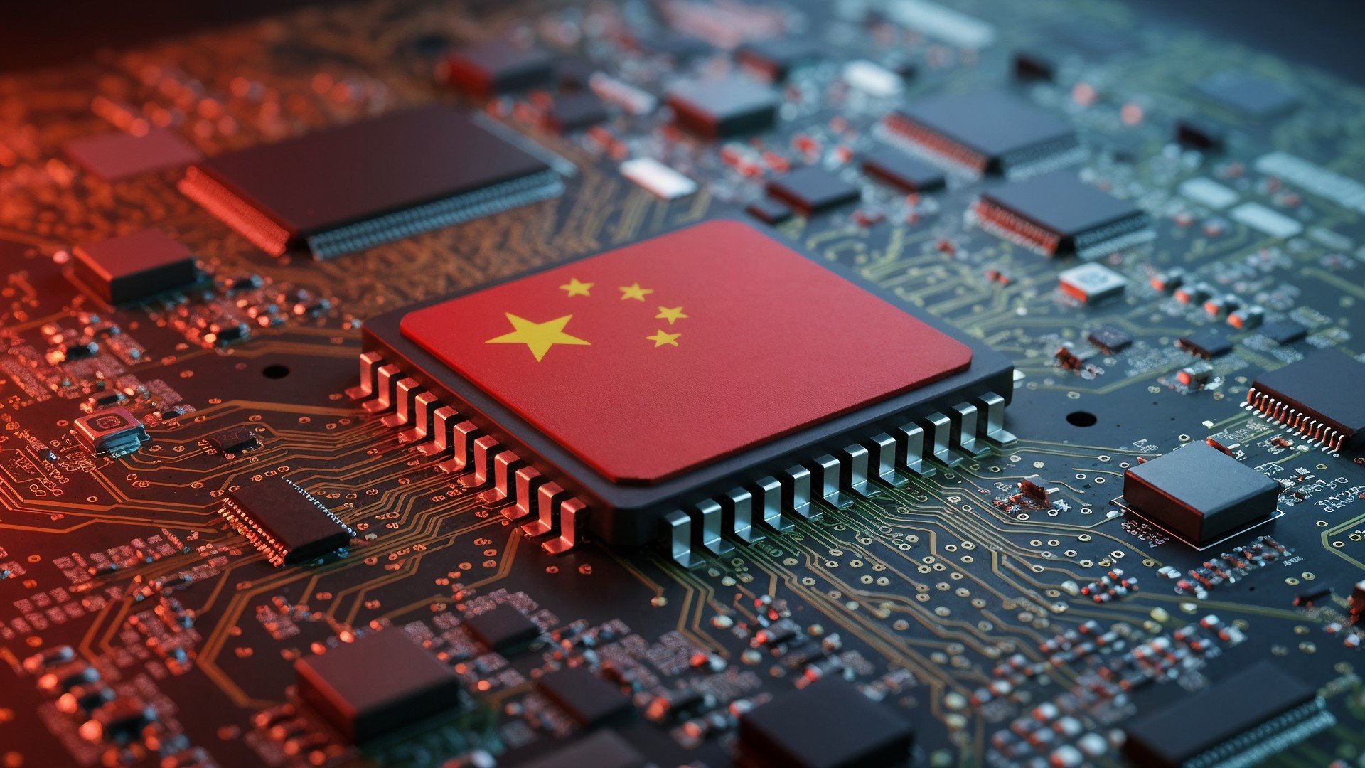 Prozessor, China, Digitalisierung, Innovation, Elektronik, Datenverarbeitung, Hightech, Leiterplatte, Halbleiterindustrie, Cyberspace, Computerchips, Mikrochips, Chinesische Technologie, Integrierte Schaltkreise, Flagge Chinas