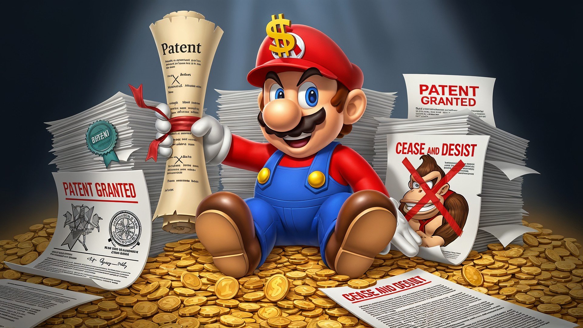 Nintendo, Klage, Urheberrecht, Patente, Super Mario, Mario, Super Mario Bros., Patenttroll, Spieleindustrie, Münzen, Videospielcharakter, Spielfigur, Patentrecht, Cartoon-Stil, Rechtsstreitigkeiten, Kommerzialisierung, Dollarzeichen, Patenturkunden, Cease-and-Desist-Schreiben, Geldgier, Videospielkultur