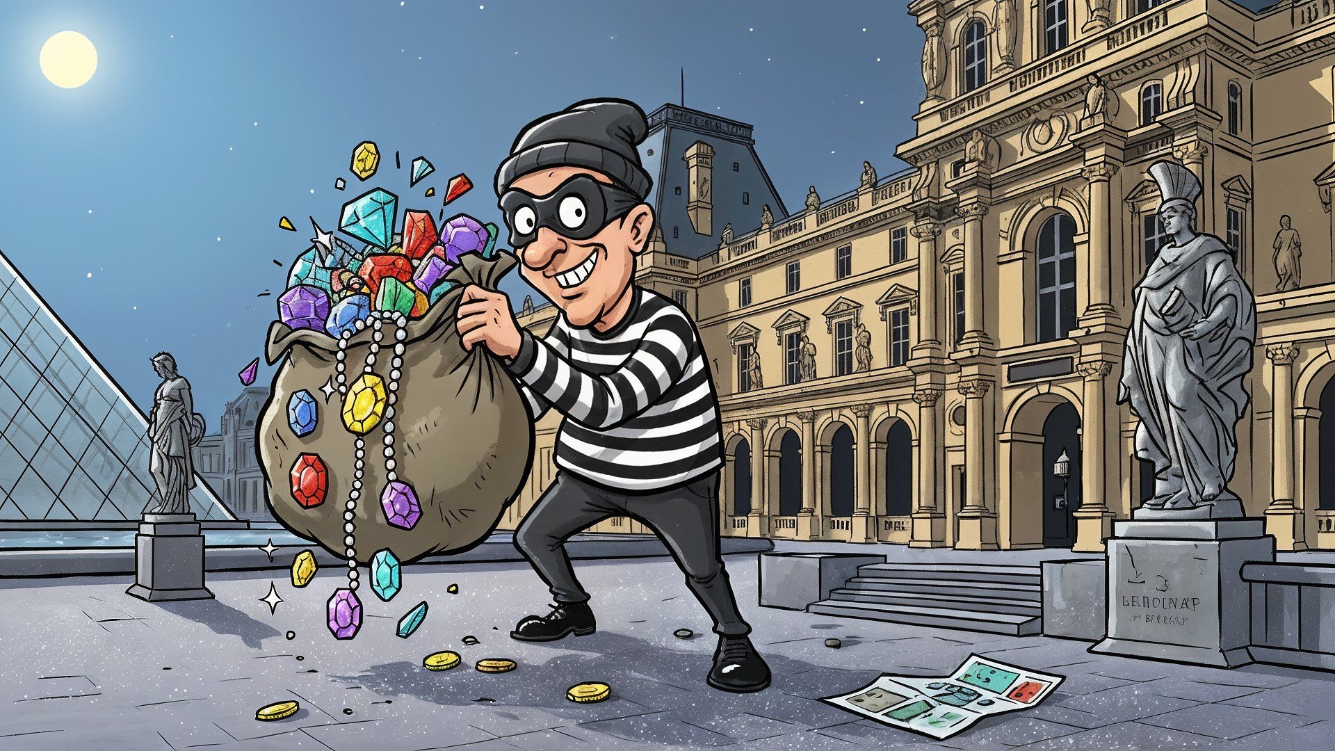 Einbruch, Dieb, Cartoon, Kriminell, Paris, Nacht, Museum, Vollmond, Beute, Schmuck, Edelsteine, louvre, Juwelenraub, Kunstdiebstahl, Maskierter Täter