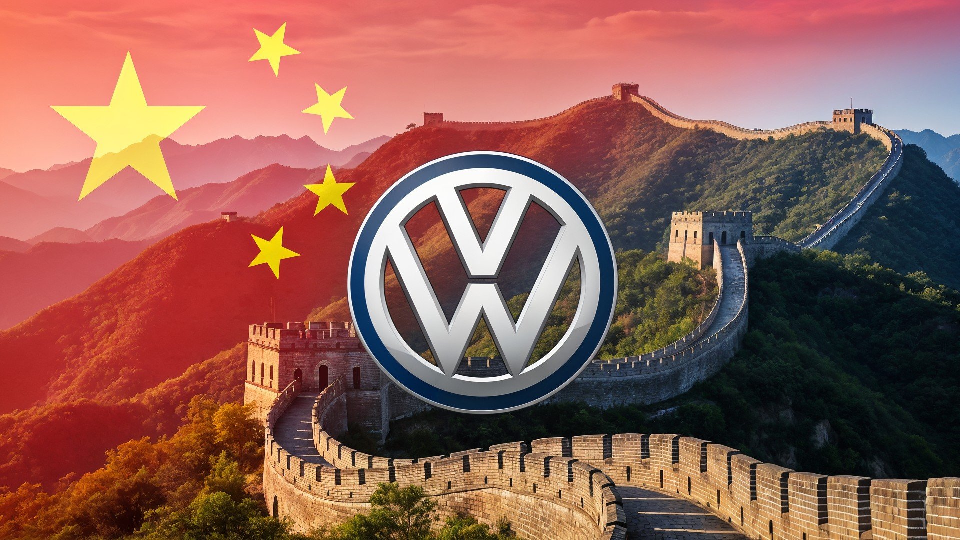 China, volkswagen, Automobilindustrie, Sonnenuntergang, Weltmarkt, chinesische Flagge, Globalisierung, Berglandschaft, Wirtschaftsbeziehungen, Große Mauer, Handelspartner, Kulturelles Erbe, Auslandsmarkt, Automobilexport, Deutsch-Chinesische Zusammenarbeit
