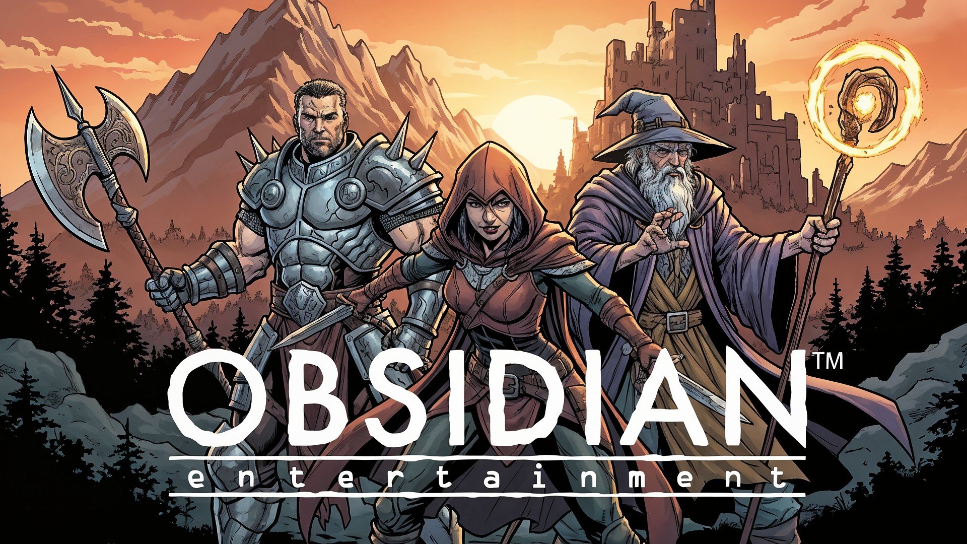 Rollenspiel, Schurke, Sonnenuntergang, Obsidian Entertainment, Berge, Comicstil, Abenteuer, Fantasy-Charaktere, Krieger, Magier, Assassine, Burg, Videospielkunst, episch, mittelalterlich, Gruppenbild