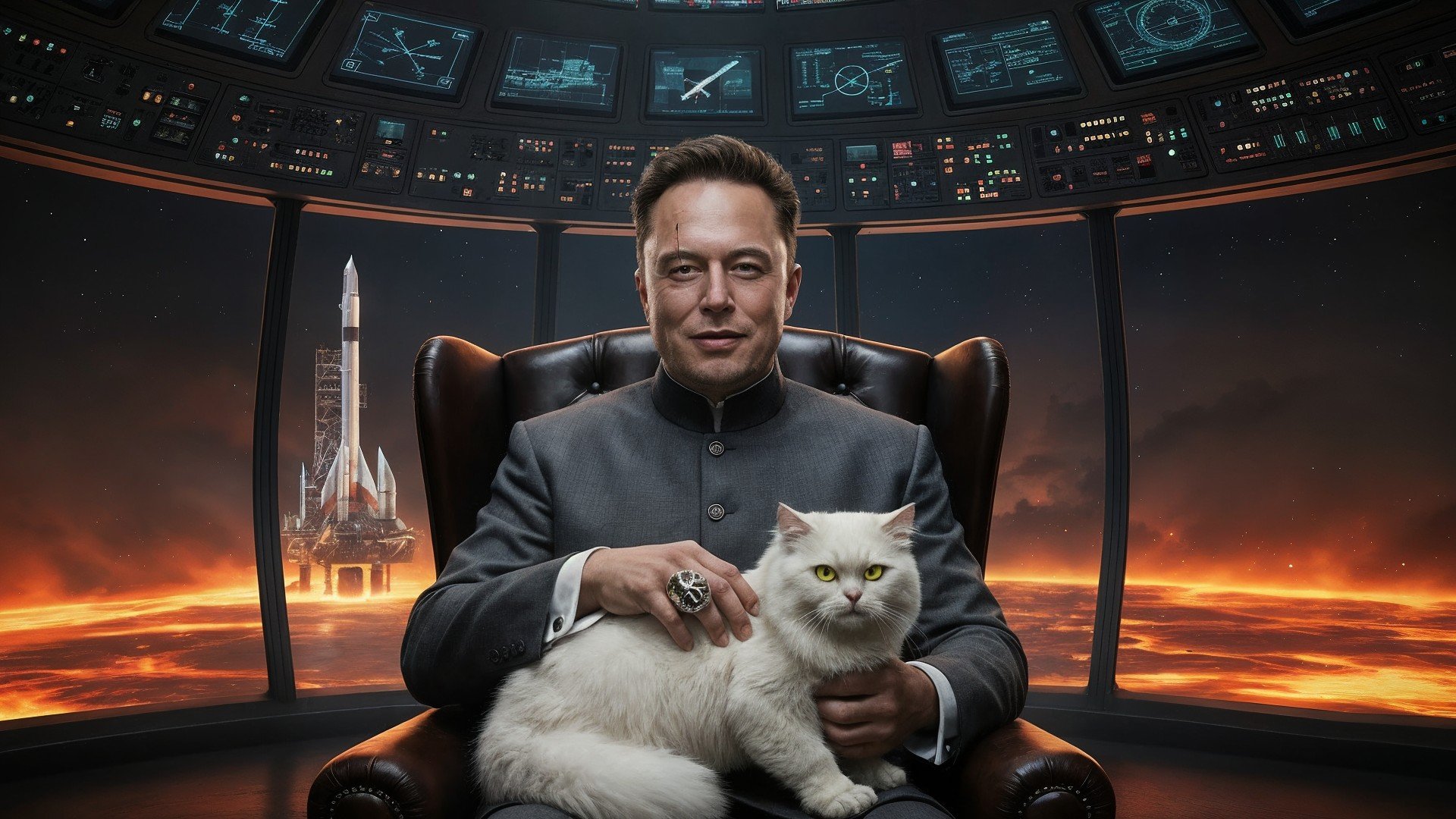 Raumfahrt, Elon Musk, Musk, Supercomputer, Sci-Fi, Bösewicht, Futurismus, Kontrollzentrum, Kontrollraum, Mars-Oberfläche, Weltraumrakete, weiße Katze, Lederstuhl, Hologramm-Displays, Schurken-Ästhetik, Digitalanzeigen, Raumschiff-Start, Blofeld