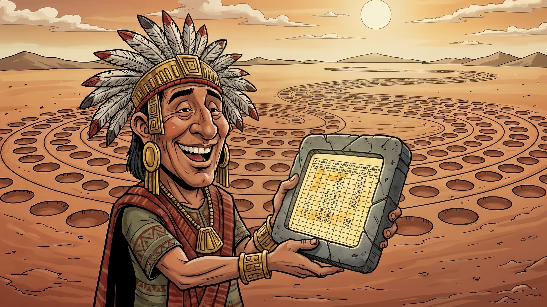 Sonnenuntergang, Comicstil, Wüstenlandschaft, Goldschmuck, Ureinwohner, Inka, Aztekischer Kalender, Federkopfschmuck, Spiralmuster, Steinkalender, Lächelnder Mann, Traditionelle Kleidung, Aztekische Kultur, Antike Zeitrechnung, Wüstenhorizont, Band der Löcher