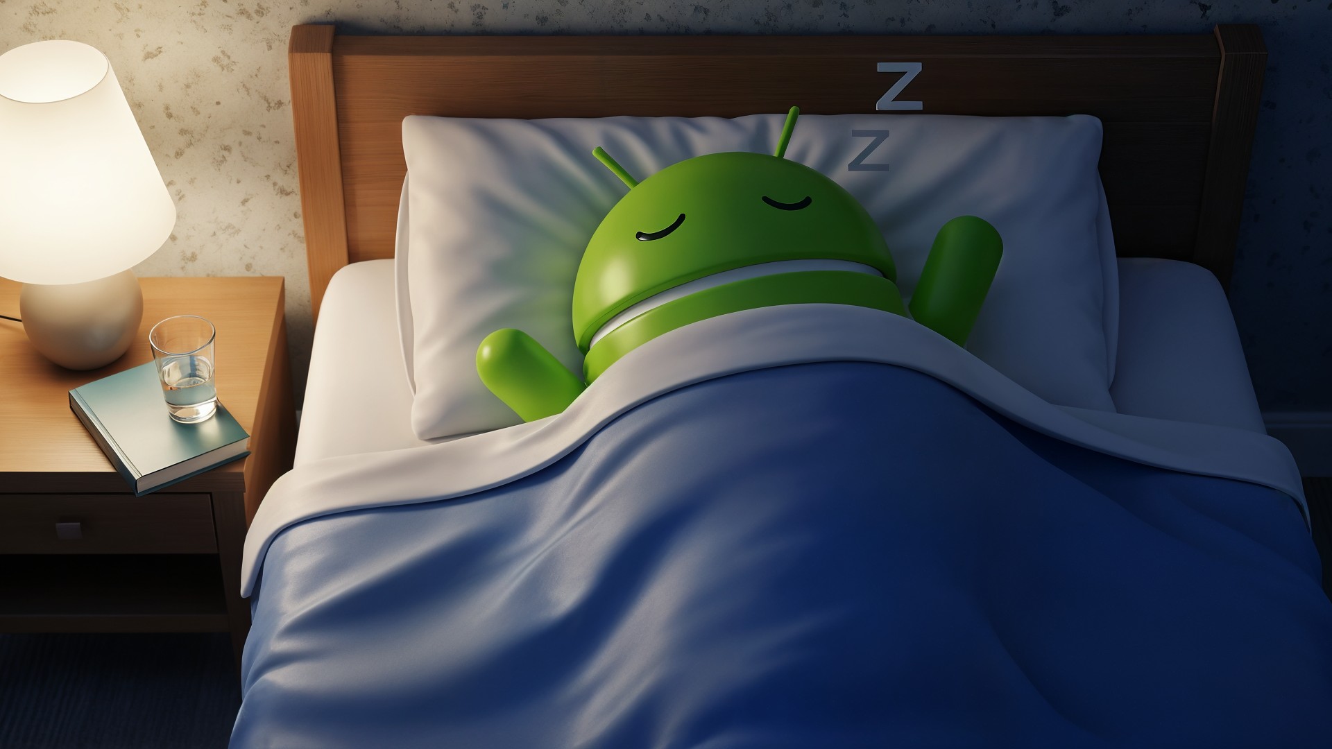 Google, Technologie, Bugdroid, Buch, Android-Maskottchen, Bett, grüner Roboter, Smartphone-Betriebssystem, schlafend, Schlafzimmer, Nachtruhe, Ruhezeit, Nachttisch, Leselampe, Wasserglas, gemütlich