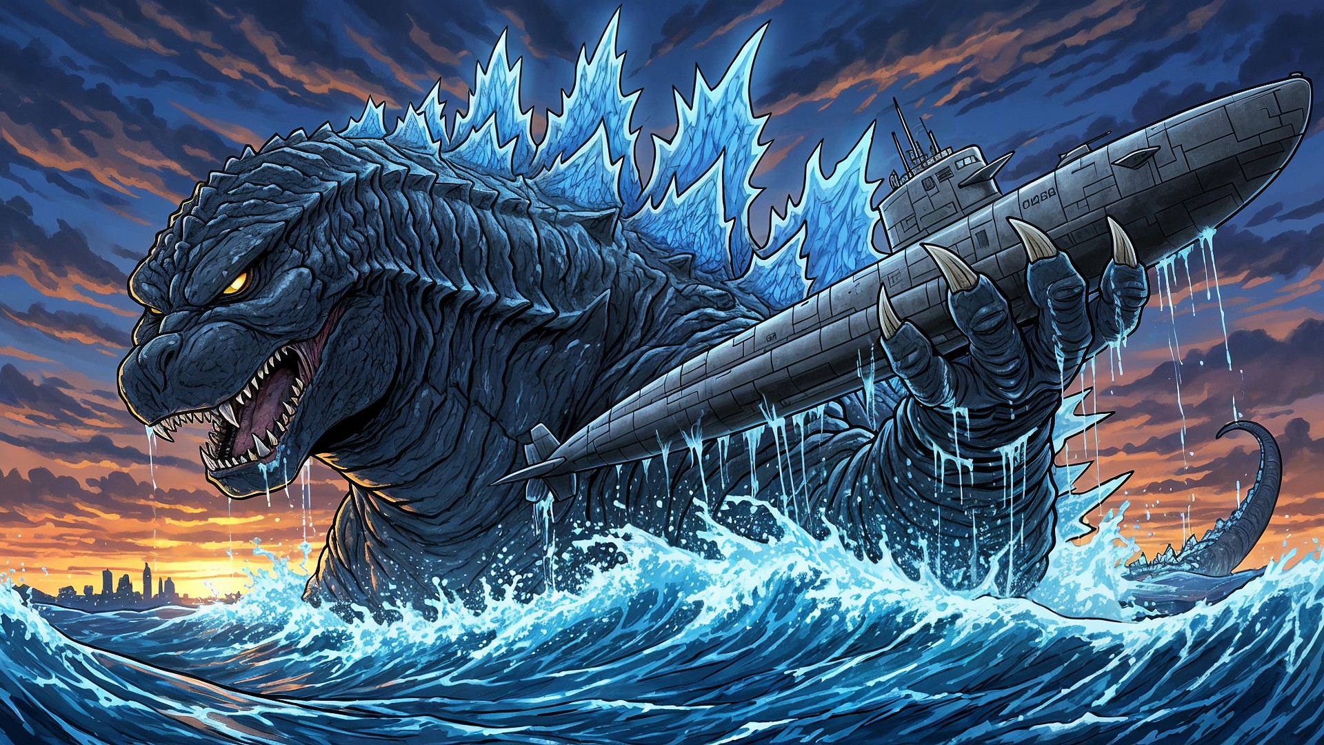 U-Boot, Meer, Zerstörung, Sonnenuntergang, skyline, Godzilla, Wellen, Monster, Filmplakat, Popkultur, Actionszene, Fantasiewesen, Kaiju, Atommonster, Riesenechse